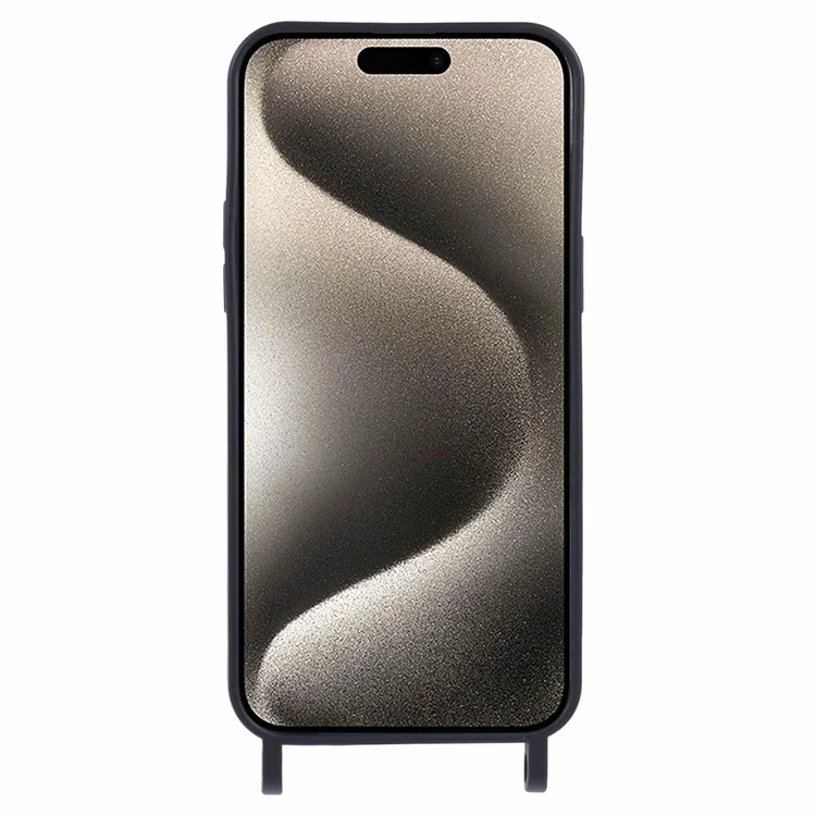 For iPhone 16 Pro Max Case Liquid Silicone Card Slot Soft Phone Cover with Lanyard Strap - Black