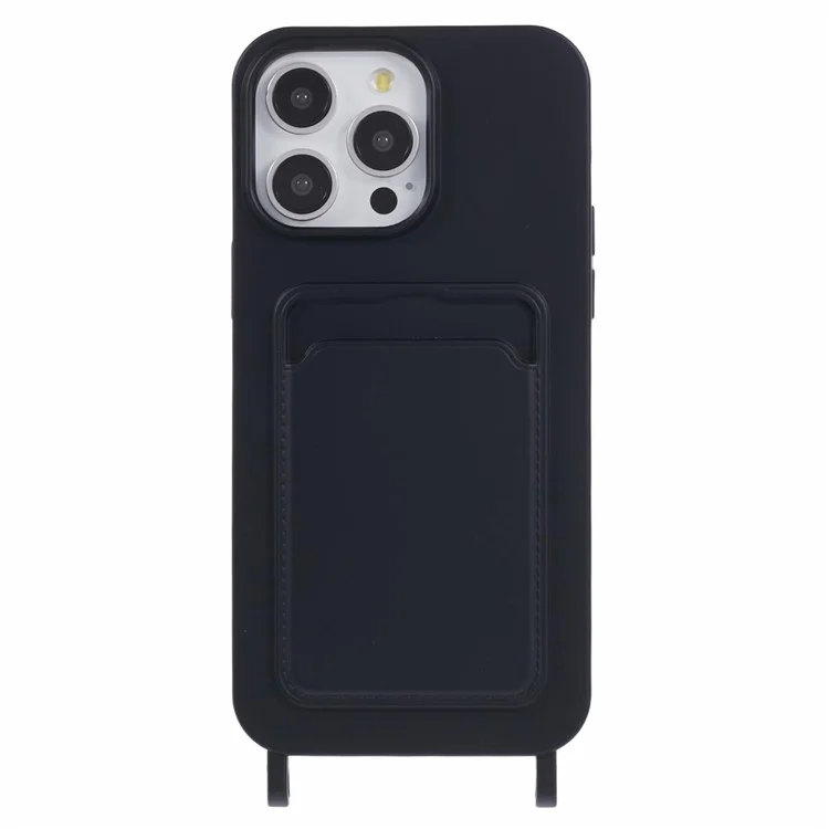 For iPhone 16 Pro Max Case Liquid Silicone Card Slot Soft Phone Cover with Lanyard Strap - Black
