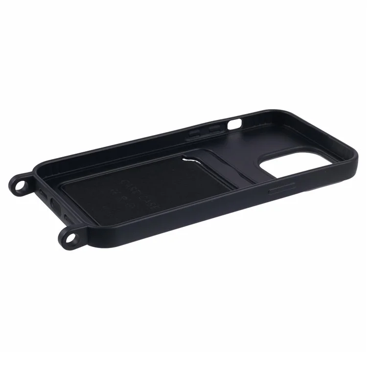 For iPhone 16 Pro Max Case Liquid Silicone Card Slot Soft Phone Cover with Lanyard Strap - Black