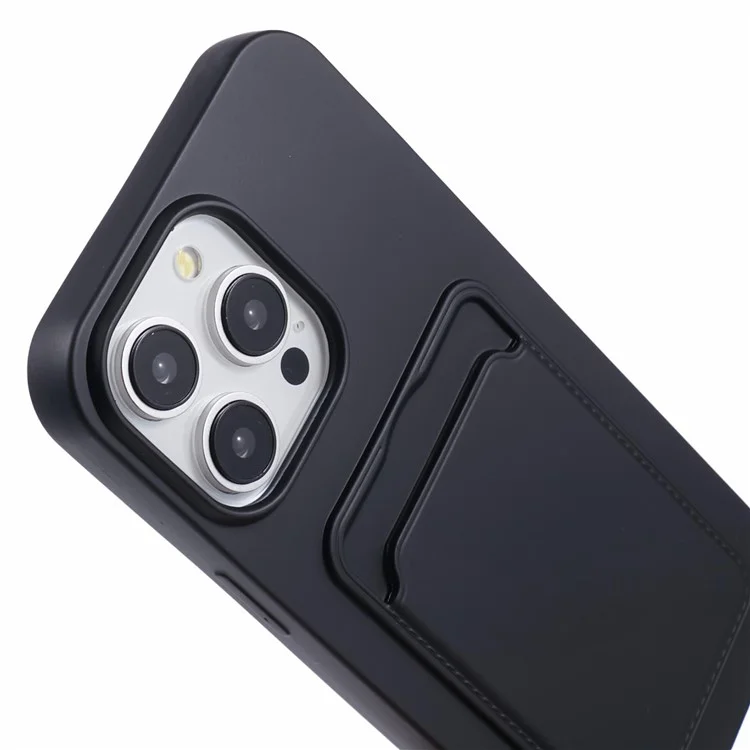 For iPhone 16 Pro Max Case Liquid Silicone Card Slot Soft Phone Cover with Lanyard Strap - Black