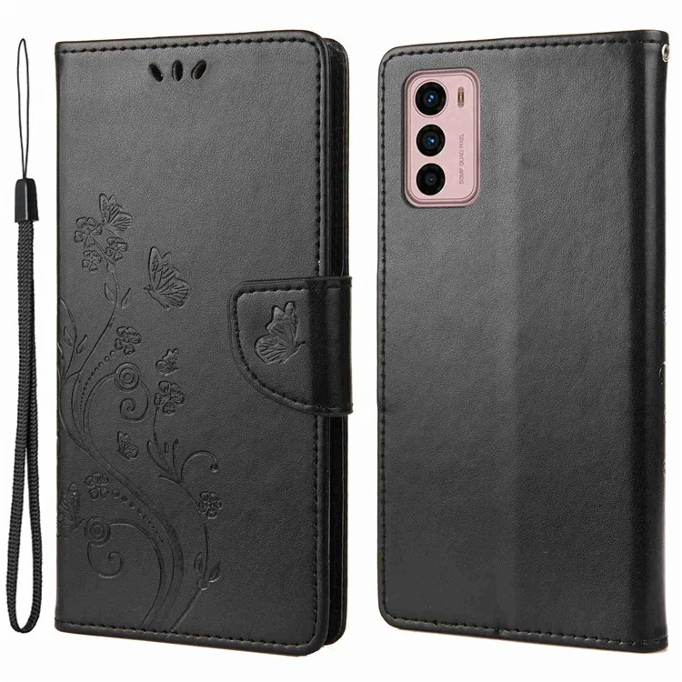 Wallet Stand Leather Case for Motorola Moto G42 4G, Imprinting Flower Butterflies Folio Flip Phone Cover with Strap - Black