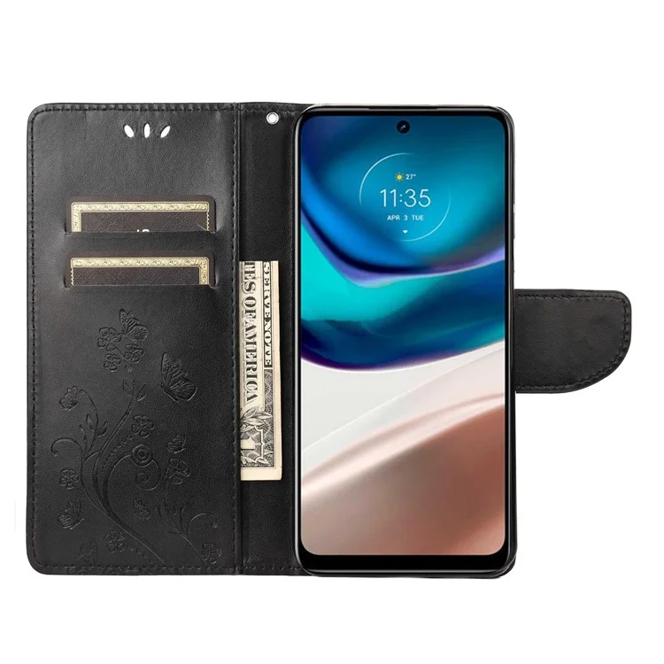 Wallet Stand Leather Case for Motorola Moto G42 4G, Imprinting Flower Butterflies Folio Flip Phone Cover with Strap - Black