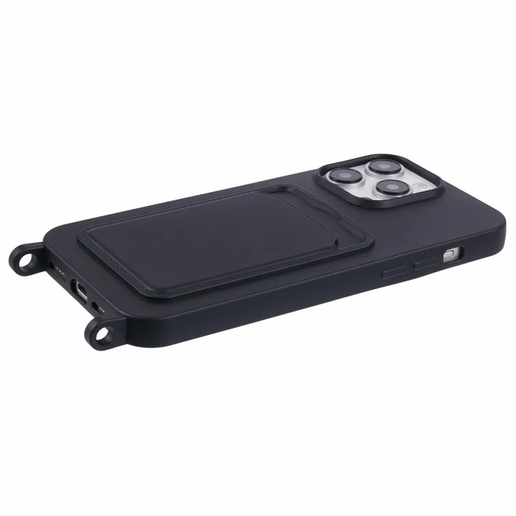 For iPhone 16 Pro Case Liquid Silicone Card Slot Soft Phone Cover with Lanyard Strap - Black