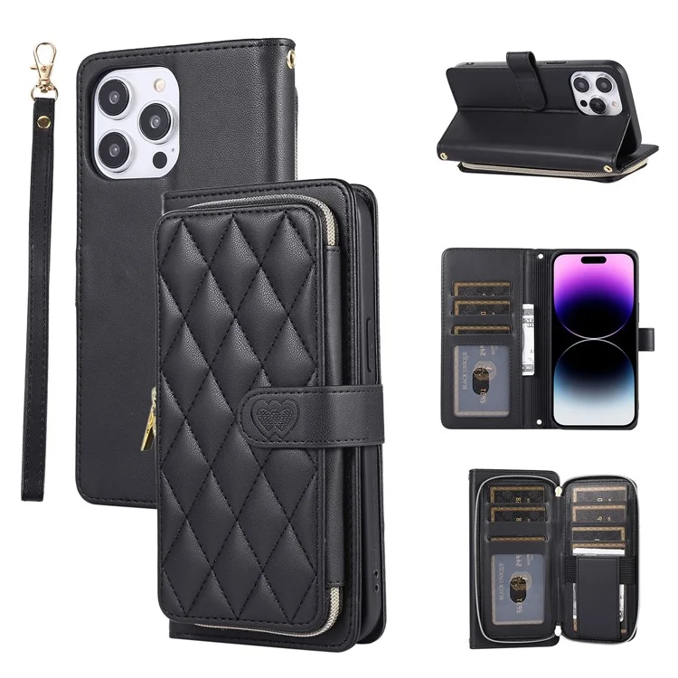 Para Iphone 16 Pro Wallet Case Folio PU Leather Stand Rhombus Cover Con Correa de Mano - Negro