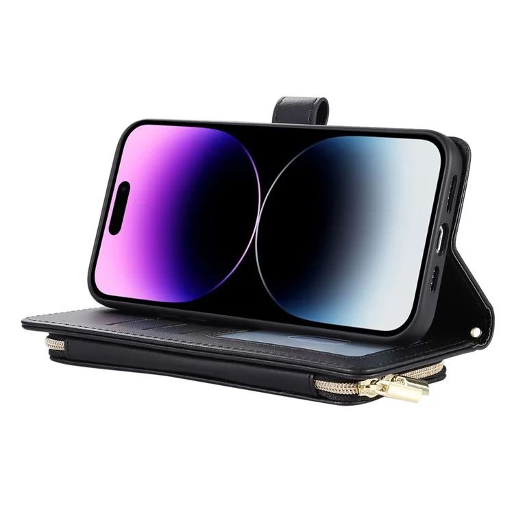 Para Iphone 16 Pro Wallet Case Folio PU Leather Stand Rhombus Cover Con Correa de Mano - Negro