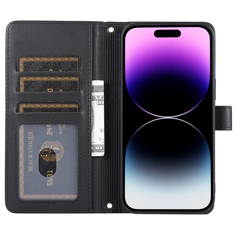Para Iphone 16 Pro Wallet Case Folio PU Leather Stand Rhombus Cover Con Correa de Mano - Negro