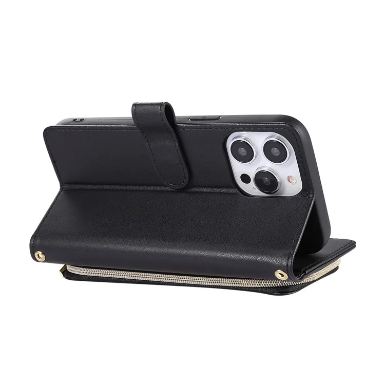 Para Iphone 16 Pro Wallet Case Folio PU Leather Stand Rhombus Cover Con Correa de Mano - Negro