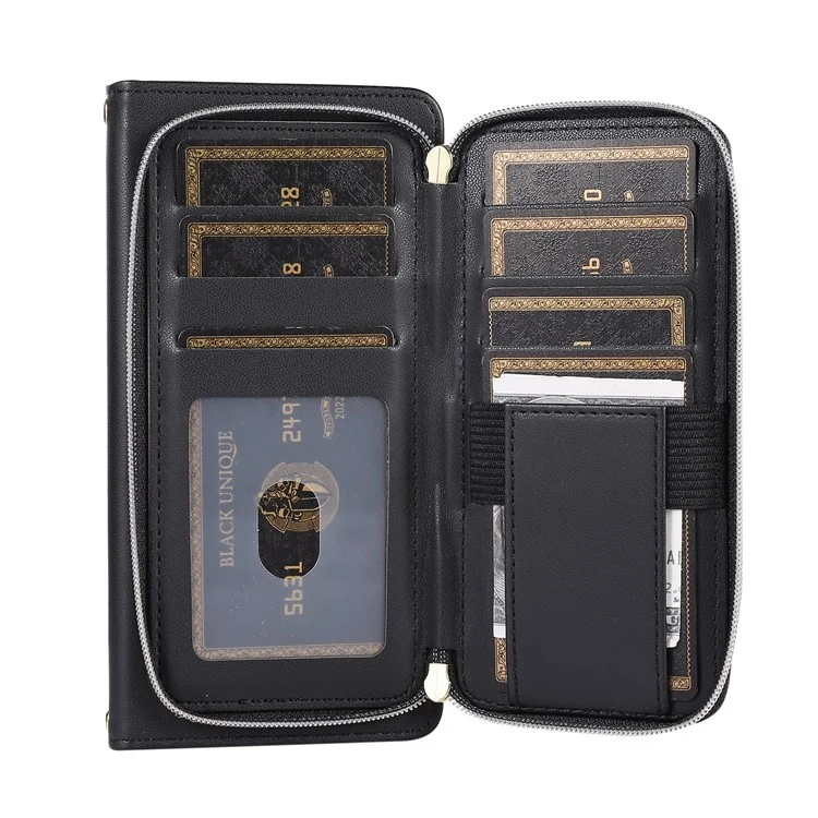 Para Iphone 16 Pro Wallet Case Folio PU Leather Stand Rhombus Cover Con Correa de Mano - Negro