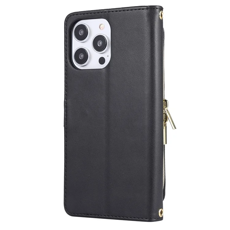 Para Iphone 16 Pro Wallet Case Folio PU Leather Stand Rhombus Cover Con Correa de Mano - Negro