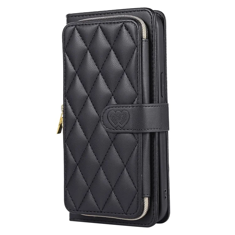 Para Iphone 16 Pro Wallet Case Folio PU Leather Stand Rhombus Cover Con Correa de Mano - Negro