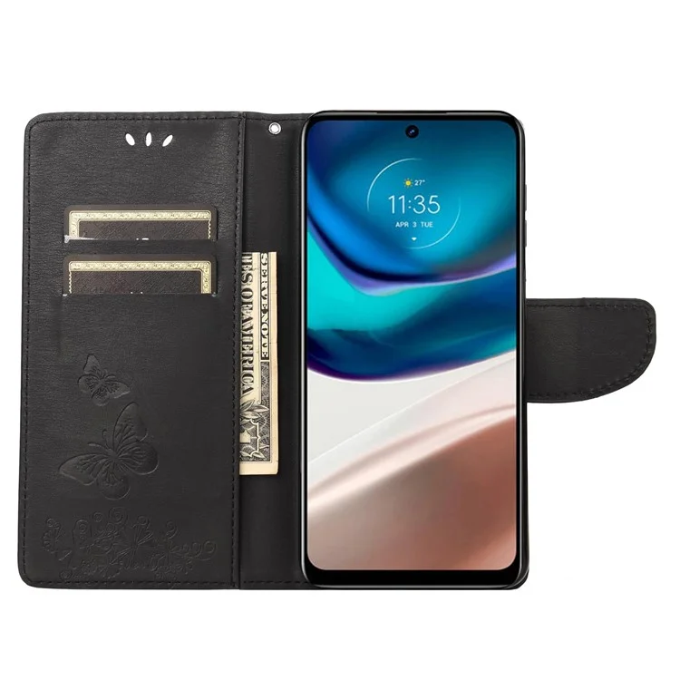 For Motorola Moto G42 4G PU Leather Case Big Butterflies Flower Pattern Imprinting Full Protection Stand Wallet Cover with Strap - Black