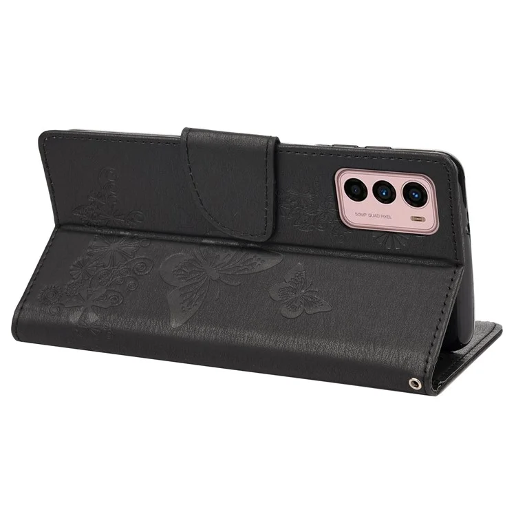 For Motorola Moto G42 4G PU Leather Case Big Butterflies Flower Pattern Imprinting Full Protection Stand Wallet Cover with Strap - Black