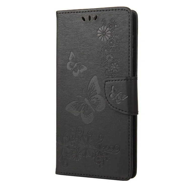 For Motorola Moto G42 4G PU Leather Case Big Butterflies Flower Pattern Imprinting Full Protection Stand Wallet Cover with Strap - Black