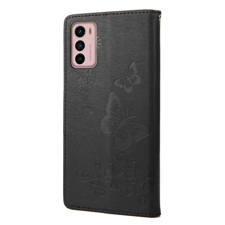 For Motorola Moto G42 4G PU Leather Case Big Butterflies Flower Pattern Imprinting Full Protection Stand Wallet Cover with Strap - Black