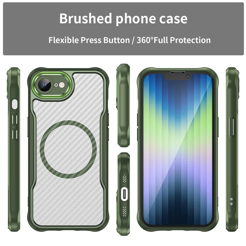 For iPhone 16e Case TPU+PC Carbon Fiber Phone Cover Compatible with MagSafe - Grøn