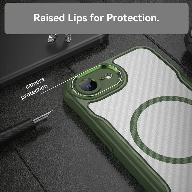 For iPhone 16e Case TPU+PC Carbon Fiber Phone Cover Compatible with MagSafe - Grøn