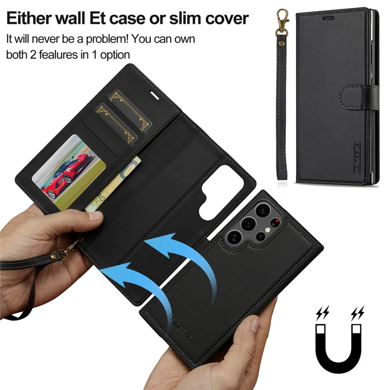 LC.IMEEKE L2 Series para Samsung Galaxy S23 Ultra Capa de Carteira de Couro PU Destacável com Capa Magnética - Preto