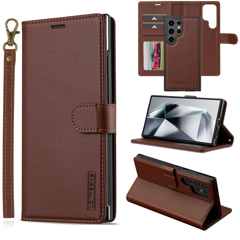 LC.IMEEKE L2 Series para Samsung Galaxy S24 Ultra Case Carteira de Couro PU Capa Magnética Destacável - Marrom