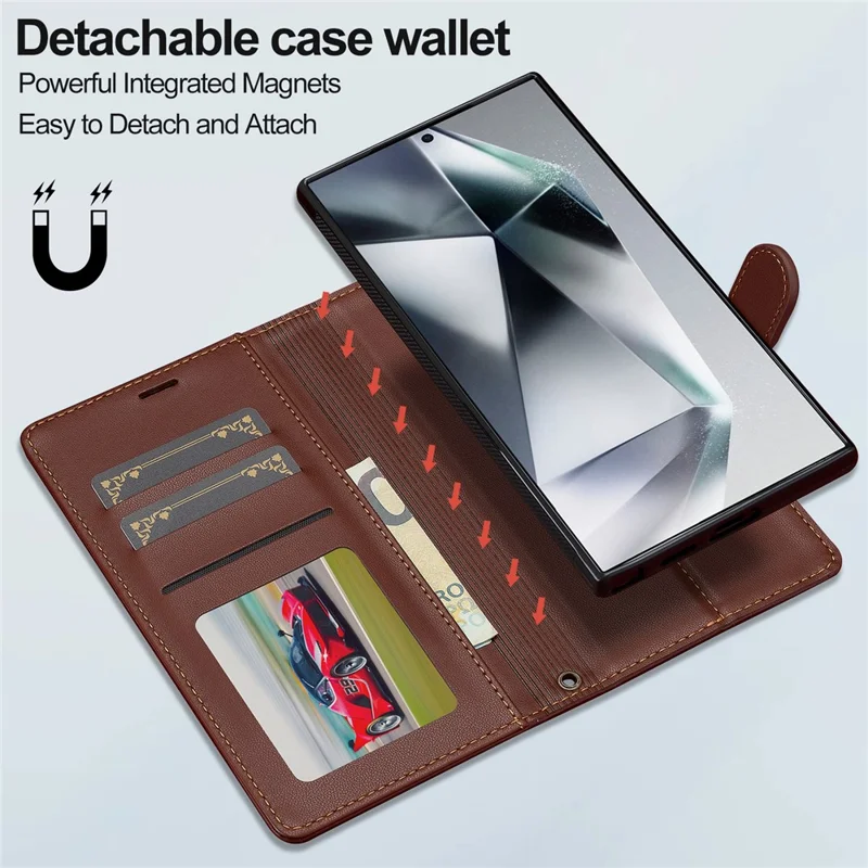 LC.IMEEKE L2 Series para Samsung Galaxy S24 Ultra Case Carteira de Couro PU Capa Magnética Destacável - Marrom