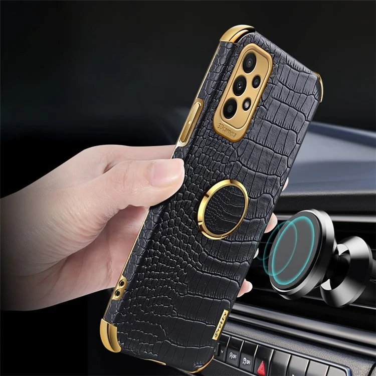 For Samsung Galaxy A23 5G (Global Version) / 4G Crocodile Texture Electroplating Phone Case Ring Kickstand PU Leather Coated TPU Cover - Black
