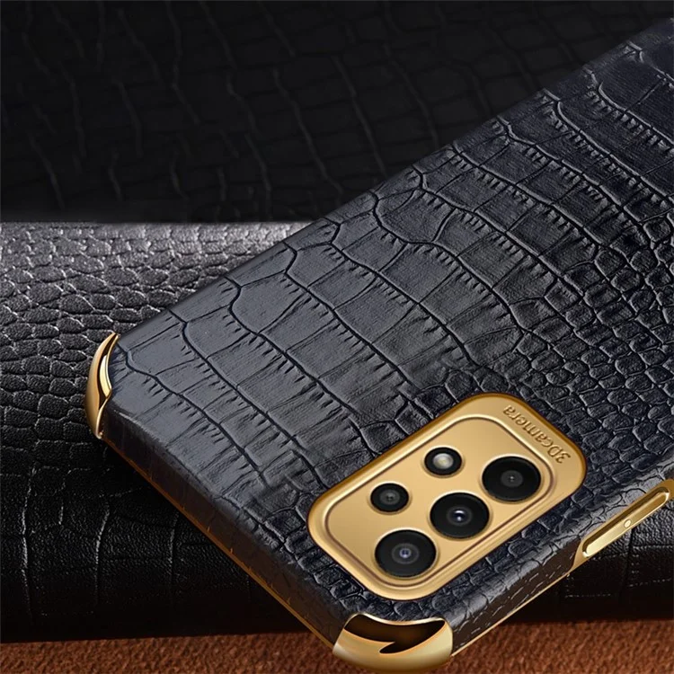 For Samsung Galaxy A23 5G (Global Version) / 4G Crocodile Texture Electroplating Phone Case Ring Kickstand PU Leather Coated TPU Cover - Black