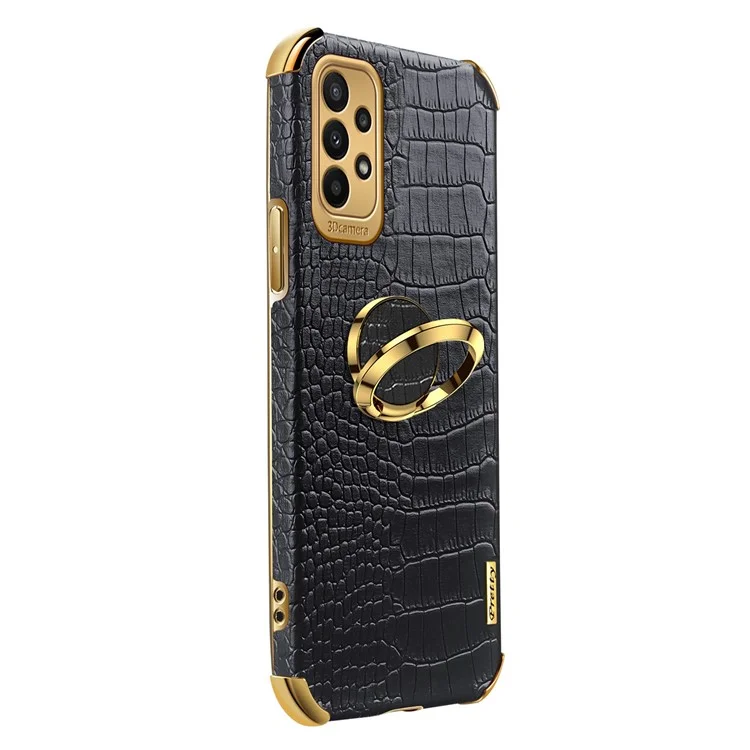 For Samsung Galaxy A23 5G (Global Version) / 4G Crocodile Texture Electroplating Phone Case Ring Kickstand PU Leather Coated TPU Cover - Black