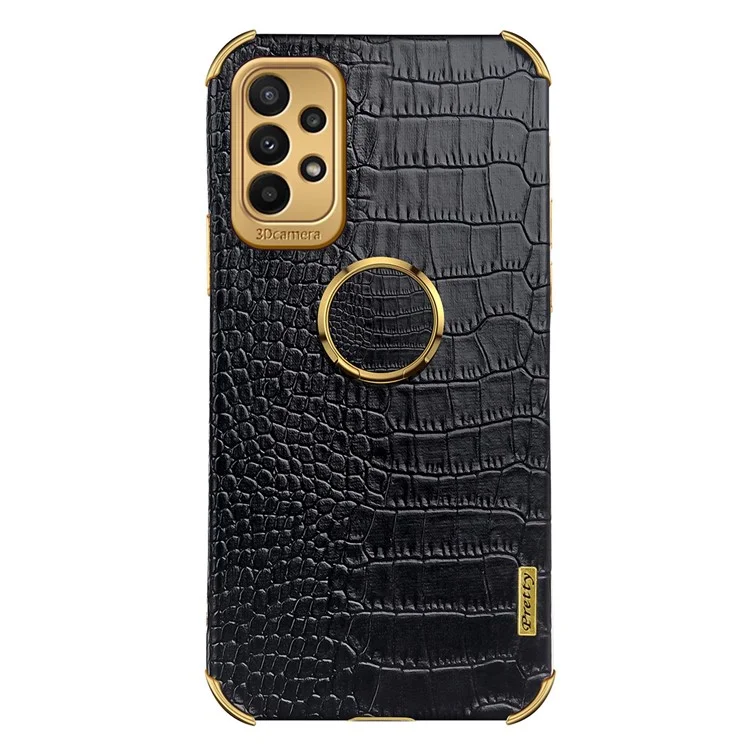 For Samsung Galaxy A23 5G (Global Version) / 4G Crocodile Texture Electroplating Phone Case Ring Kickstand PU Leather Coated TPU Cover - Black