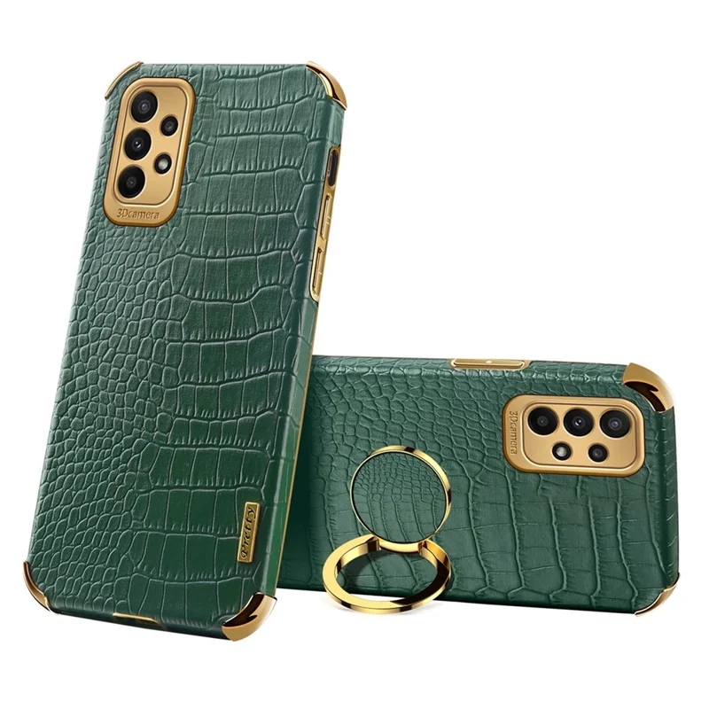 For Samsung Galaxy A23 5G (Global Version) / 4G Crocodile Texture Electroplating Phone Case Ring Kickstand PU Leather Coated TPU Cover - Green