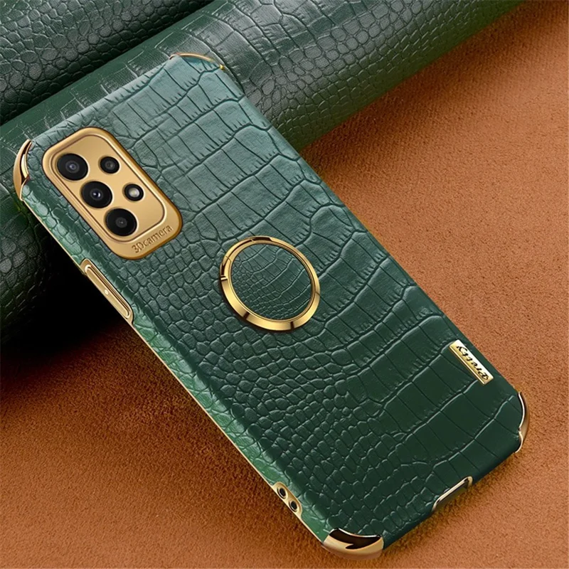 For Samsung Galaxy A23 5G (Global Version) / 4G Crocodile Texture Electroplating Phone Case Ring Kickstand PU Leather Coated TPU Cover - Green