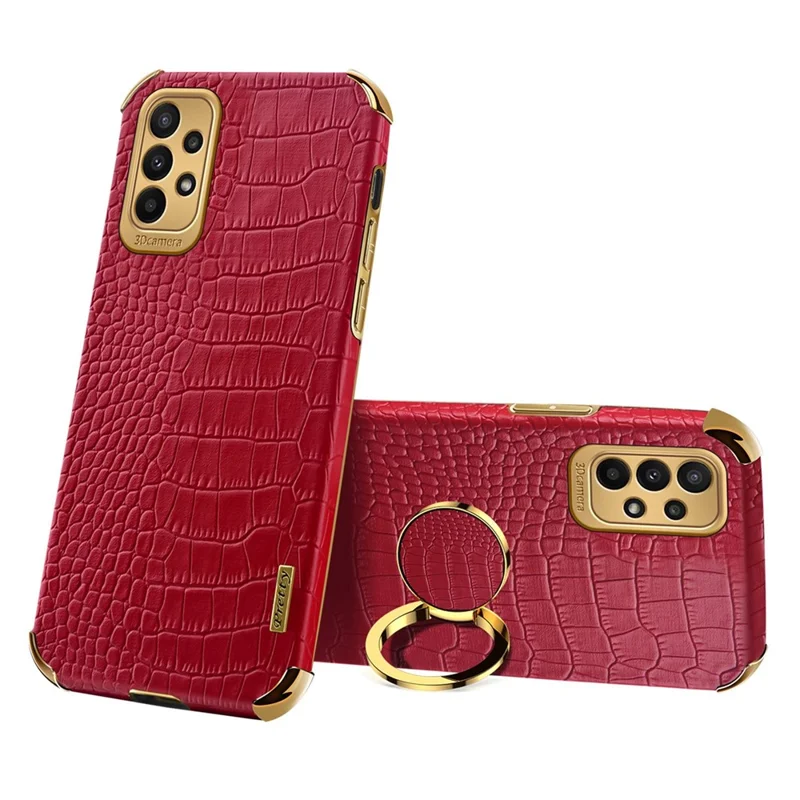 For Samsung Galaxy A23 5G (Global Version) / 4G Crocodile Texture Electroplating Phone Case Ring Kickstand PU Leather Coated TPU Cover - Red