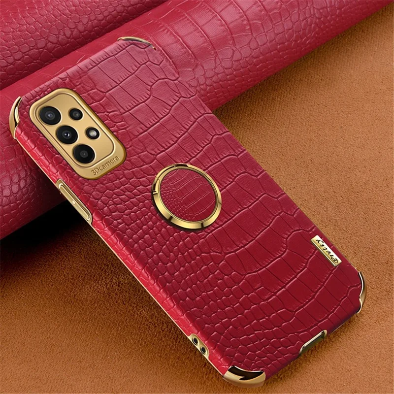 For Samsung Galaxy A23 5G (Global Version) / 4G Crocodile Texture Electroplating Phone Case Ring Kickstand PU Leather Coated TPU Cover - Red
