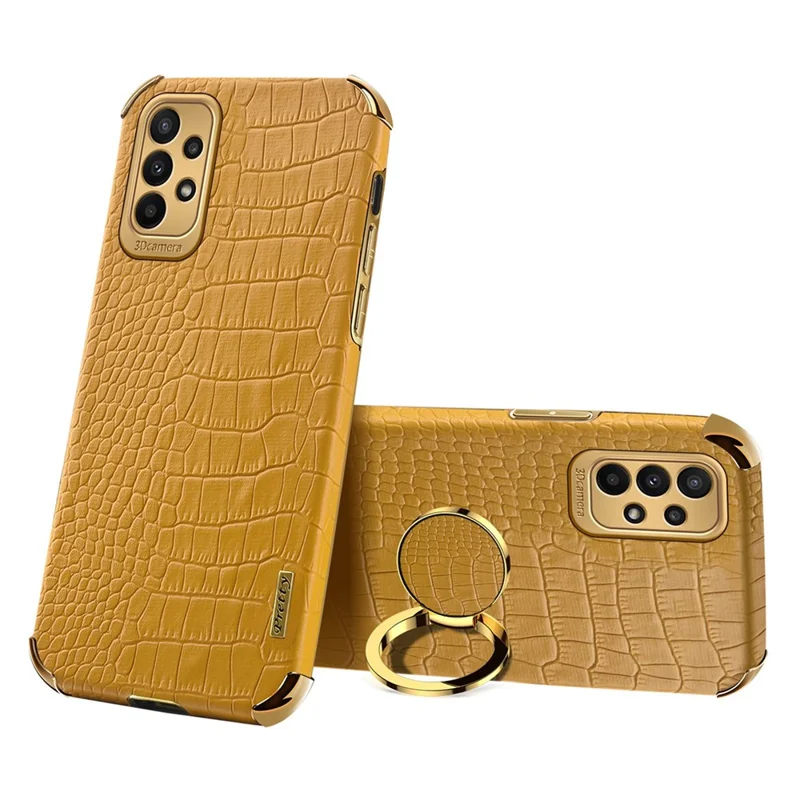 For Samsung Galaxy A23 5G (Global Version) / 4G Crocodile Texture Electroplating Phone Case Ring Kickstand PU Leather Coated TPU Cover - Yellow