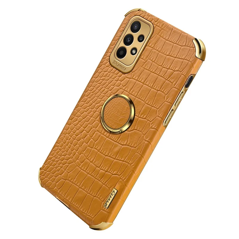 For Samsung Galaxy A23 5G (Global Version) / 4G Crocodile Texture Electroplating Phone Case Ring Kickstand PU Leather Coated TPU Cover - Yellow