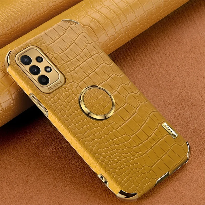 For Samsung Galaxy A23 5G (Global Version) / 4G Crocodile Texture Electroplating Phone Case Ring Kickstand PU Leather Coated TPU Cover - Yellow