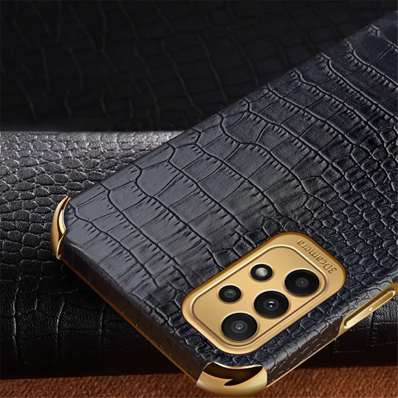 For Samsung Galaxy A23 5G (Global Version) / 4G Crocodile Texture Electroplating Phone Case Ring Kickstand PU Leather Coated TPU Cover - Yellow