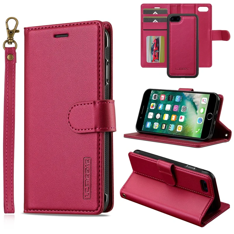 LC.IMEEKE L2 Series for iPhone SE (2022) / SE (2020) / 8 / 7 Case PU Leather Wallet Detachable Magnetic Phone Cover - Red