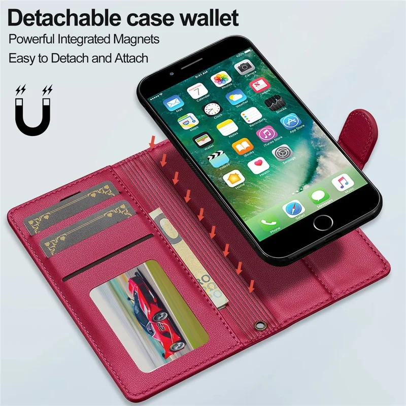 LC.IMEEKE L2 Series for iPhone SE (2022) / SE (2020) / 8 / 7 Case PU Leather Wallet Detachable Magnetic Phone Cover - Red