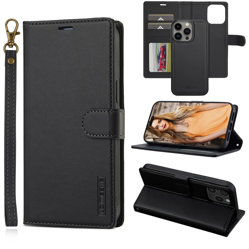 LC.IMEEKE L2 Series for iPhone 15 Pro Max Case PU Leather Wallet Detachable Magnetic Phone Cover - Black