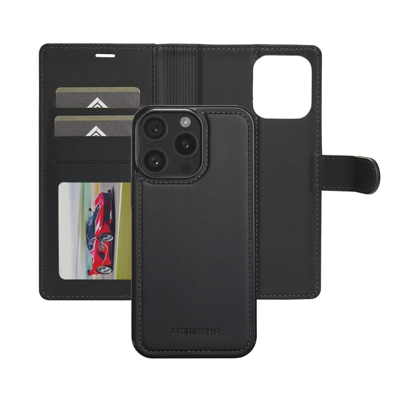 LC.IMEEKE L2 Series for iPhone 15 Pro Max Case PU Leather Wallet Detachable Magnetic Phone Cover - Black