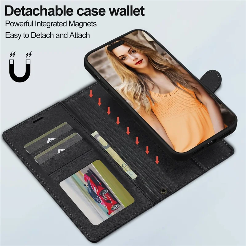 LC.IMEEKE L2 Series for iPhone 15 Pro Max Case PU Leather Wallet Detachable Magnetic Phone Cover - Black