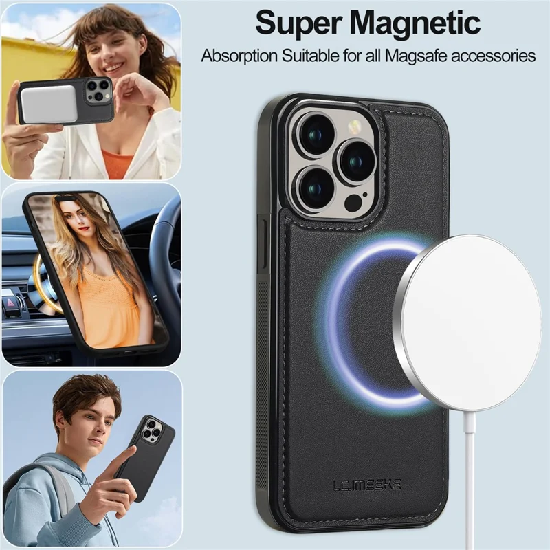 LC.IMEEKE L2 Series for iPhone 15 Pro Max Case PU Leather Wallet Detachable Magnetic Phone Cover - Black