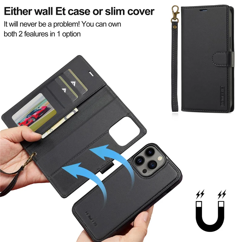 LC.IMEEKE L2 Series for iPhone 15 Pro Max Case PU Leather Wallet Detachable Magnetic Phone Cover - Black