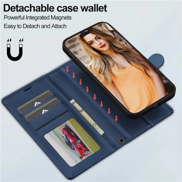 LC.IMEEKE Serie L2 para Funda iPhone 15 Pro Case PU Cuero Cartera Desmontable Magnética Cubierta de Teléfono - Azul