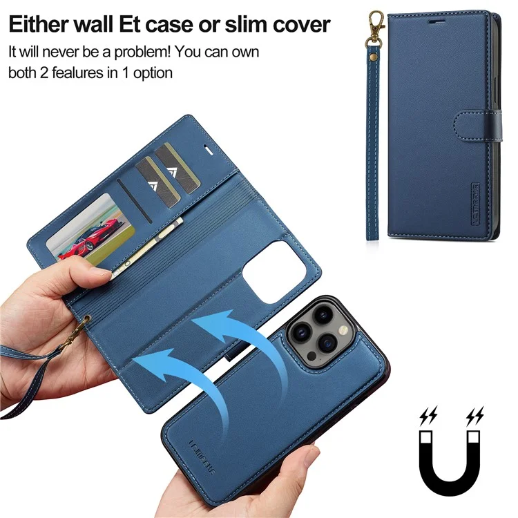 LC.IMEEKE Serie L2 para Funda iPhone 15 Pro Case PU Cuero Cartera Desmontable Magnética Cubierta de Teléfono - Azul