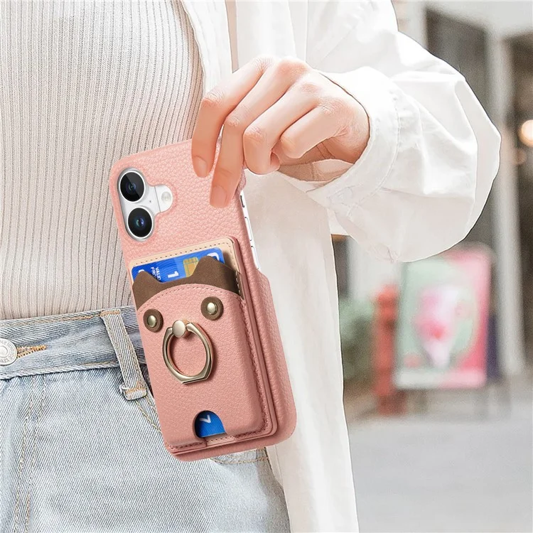 Y6 For iPhone 16 Plus Case Cute Bear Design PU Leather+TPU Card Holder Phone Cover - Pink