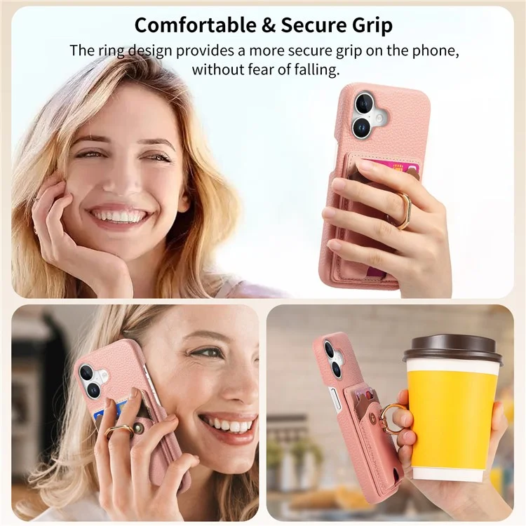 Y6 For iPhone 16 Case Cute Bear Design PU Leather+TPU Card Holder Phone Cover - Pink