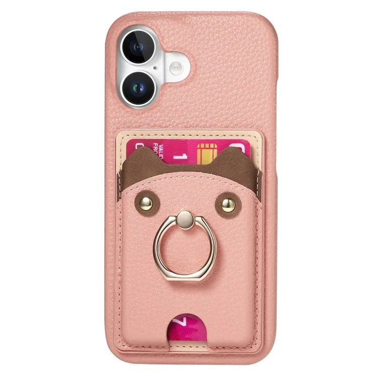 Y6 For iPhone 16 Case Cute Bear Design PU Leather+TPU Card Holder Phone Cover - Pink