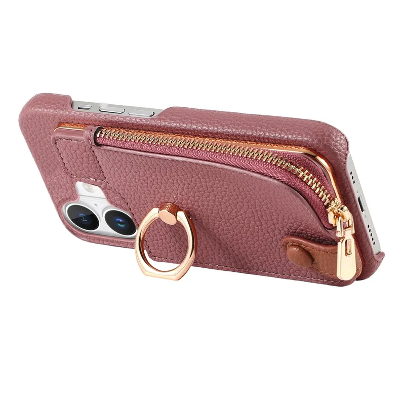 Y3 For iPhone 16 Plus Case Card Holder Kickstand Leather+TPU Phone Cover with Zipper Pocket - Purple