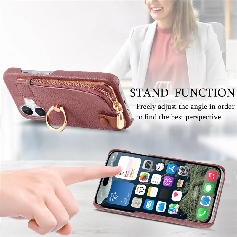 Y3 For iPhone 16 Plus Case Card Holder Kickstand Leather+TPU Phone Cover with Zipper Pocket - Purple