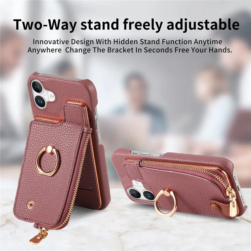 Y3 For iPhone 16 Plus Case Card Holder Kickstand Leather+TPU Phone Cover with Zipper Pocket - Purple